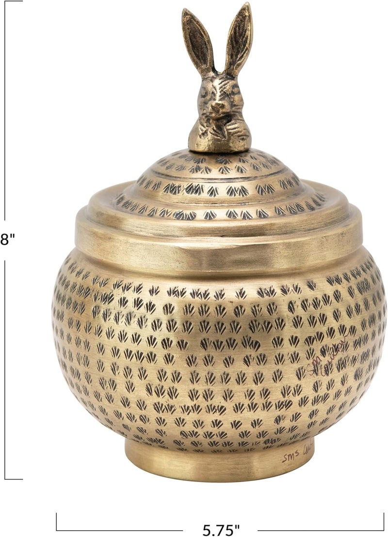 Creative Co-op Round Hammered Metal Container with Rabbit Finial, Brass Finish - Image 2